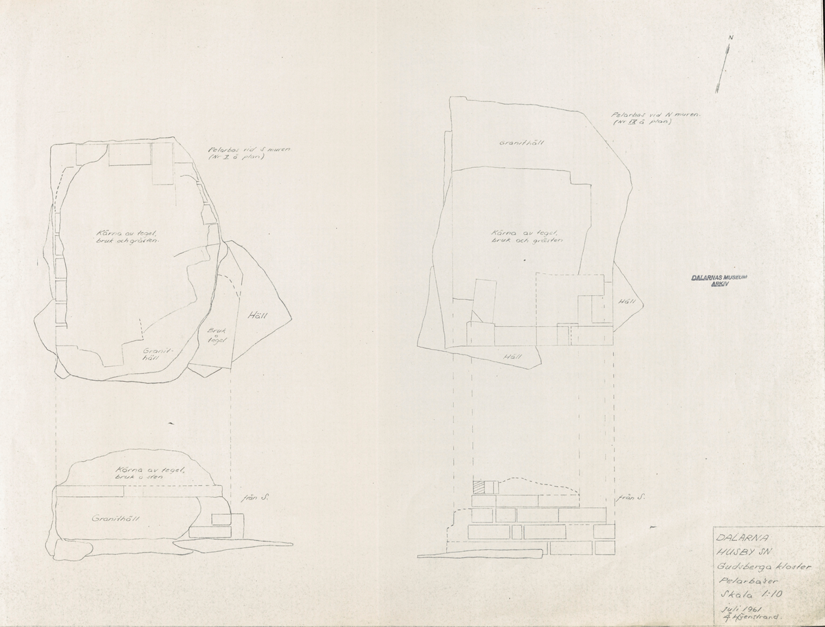 Karta, planritningar, m.m. över Gudsberga kloster i Husby socken. Av Åke Hyenstrand, Kersti Jobs, Per Henrik Rosenström och Björn Hallerdt, uppmätt 1959-61.