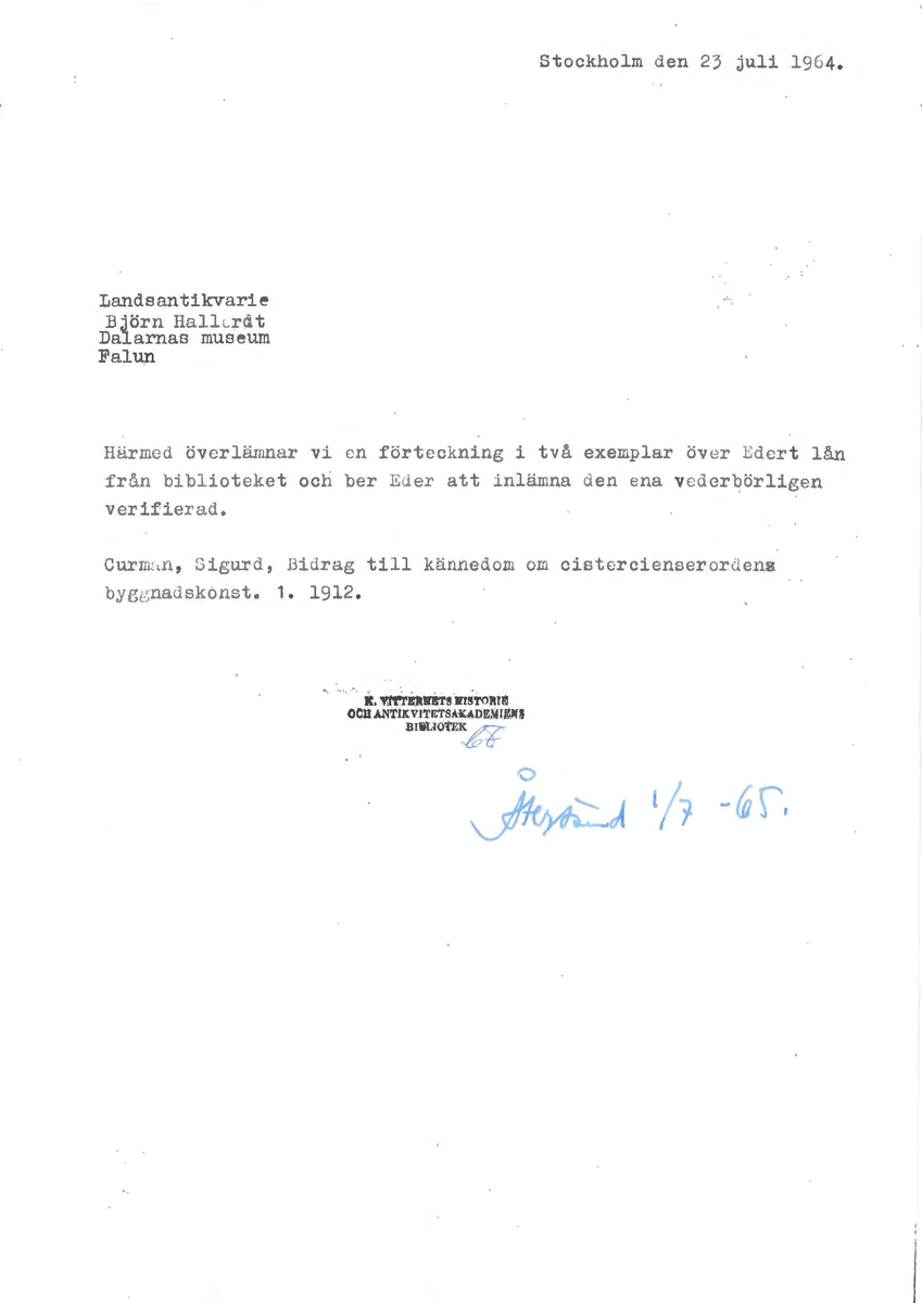 Korrespondens åren 1955-67 i samband med restaureringen av Gudsbergs kloster.

Adressater bl.a: Korsnäs Aktiebolag, RAÄ, Kommunalnämnden i Husby, Kersti Jobs, Disponent Olof Sundell Stjärnsund, Fagersta Bruks AB, Åke Hyenstrand.
