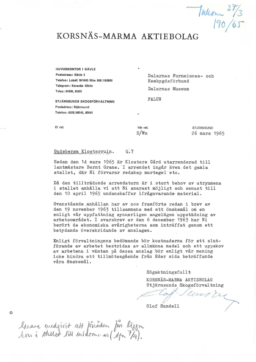 Korrespondens åren 1955-67 i samband med restaureringen av Gudsbergs kloster.

Adressater bl.a: Korsnäs Aktiebolag, RAÄ, Kommunalnämnden i Husby, Kersti Jobs, Disponent Olof Sundell Stjärnsund, Fagersta Bruks AB, Åke Hyenstrand.