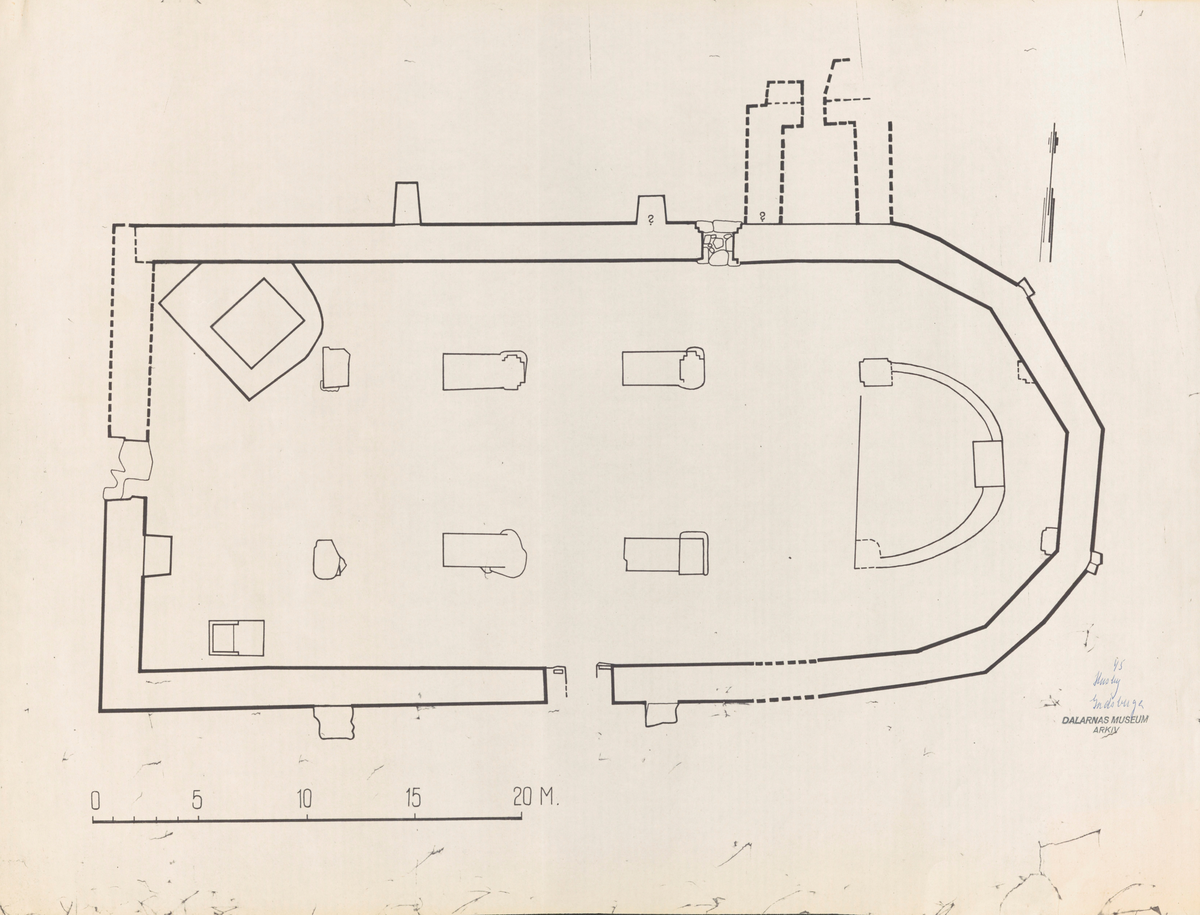 Karta, planritningar, m.m. över Gudsberga kloster i Husby socken. Av Åke Hyenstrand, Kersti Jobs, Per Henrik Rosenström och Björn Hallerdt, uppmätt 1959-61.