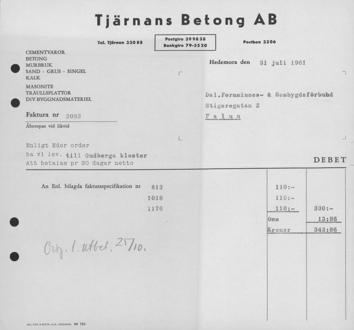 In- och utbetalningar för de arkeologiska undersökningarna i Gudsberga kloster år 1959-61.
