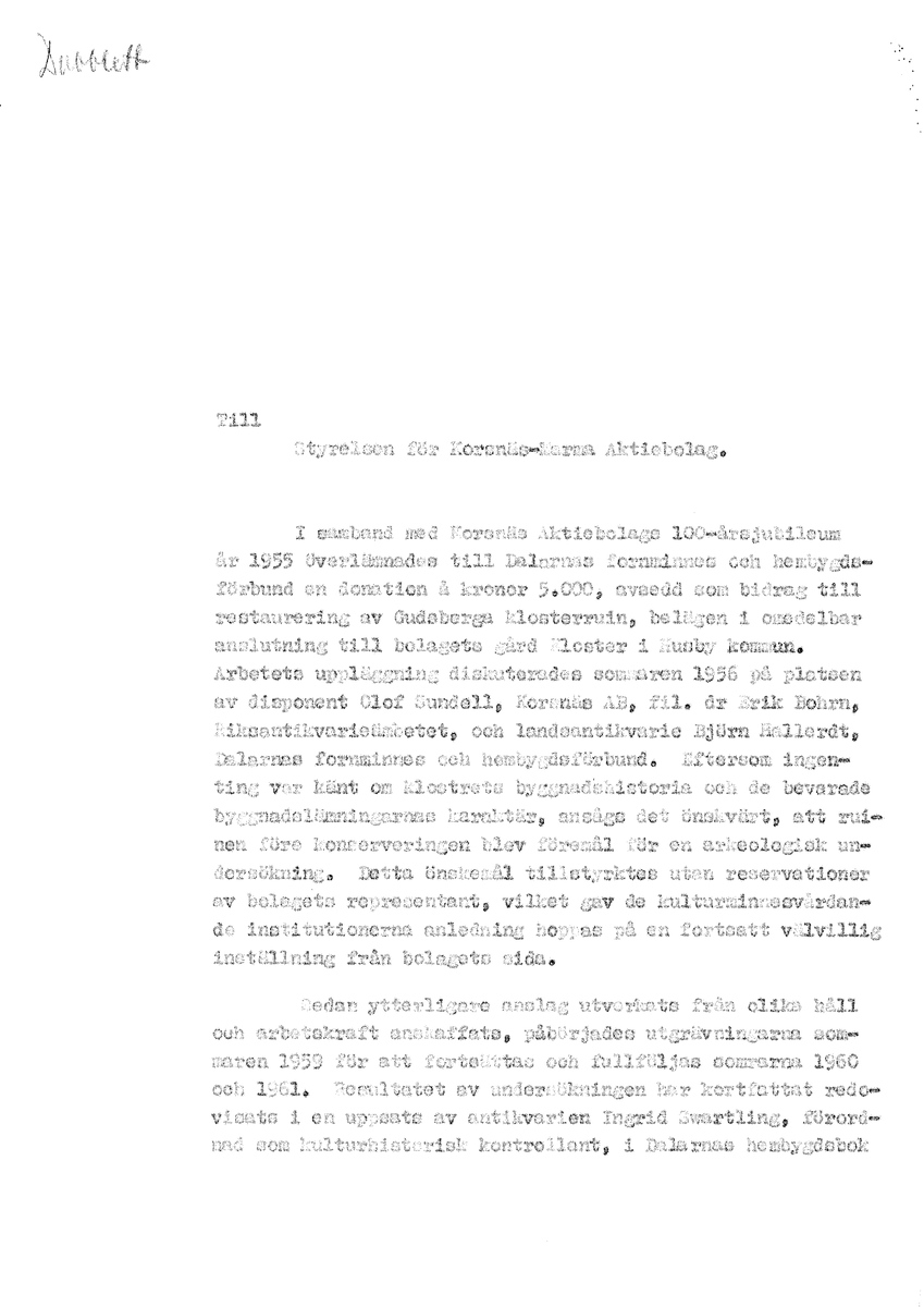 Korrespondens åren 1955-67 i samband med restaureringen av Gudsbergs kloster.

Adressater bl.a: Korsnäs Aktiebolag, RAÄ, Kommunalnämnden i Husby, Kersti Jobs, Disponent Olof Sundell Stjärnsund, Fagersta Bruks AB, Åke Hyenstrand.