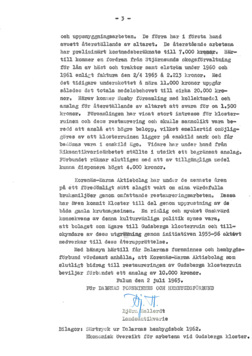 Korrespondens åren 1955-67 i samband med restaureringen av Gudsbergs kloster.

Adressater bl.a: Korsnäs Aktiebolag, RAÄ, Kommunalnämnden i Husby, Kersti Jobs, Disponent Olof Sundell Stjärnsund, Fagersta Bruks AB, Åke Hyenstrand.