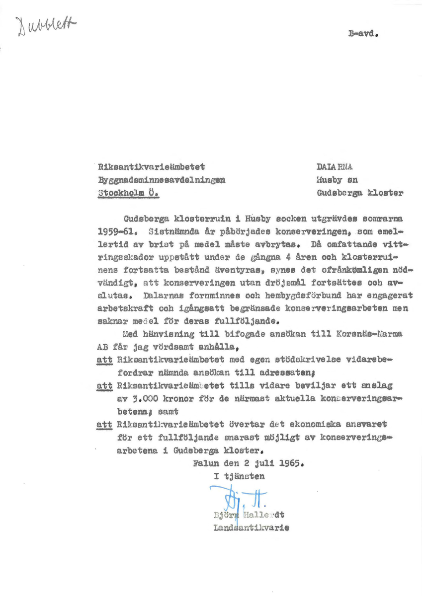 Korrespondens åren 1955-67 i samband med restaureringen av Gudsbergs kloster.

Adressater bl.a: Korsnäs Aktiebolag, RAÄ, Kommunalnämnden i Husby, Kersti Jobs, Disponent Olof Sundell Stjärnsund, Fagersta Bruks AB, Åke Hyenstrand.