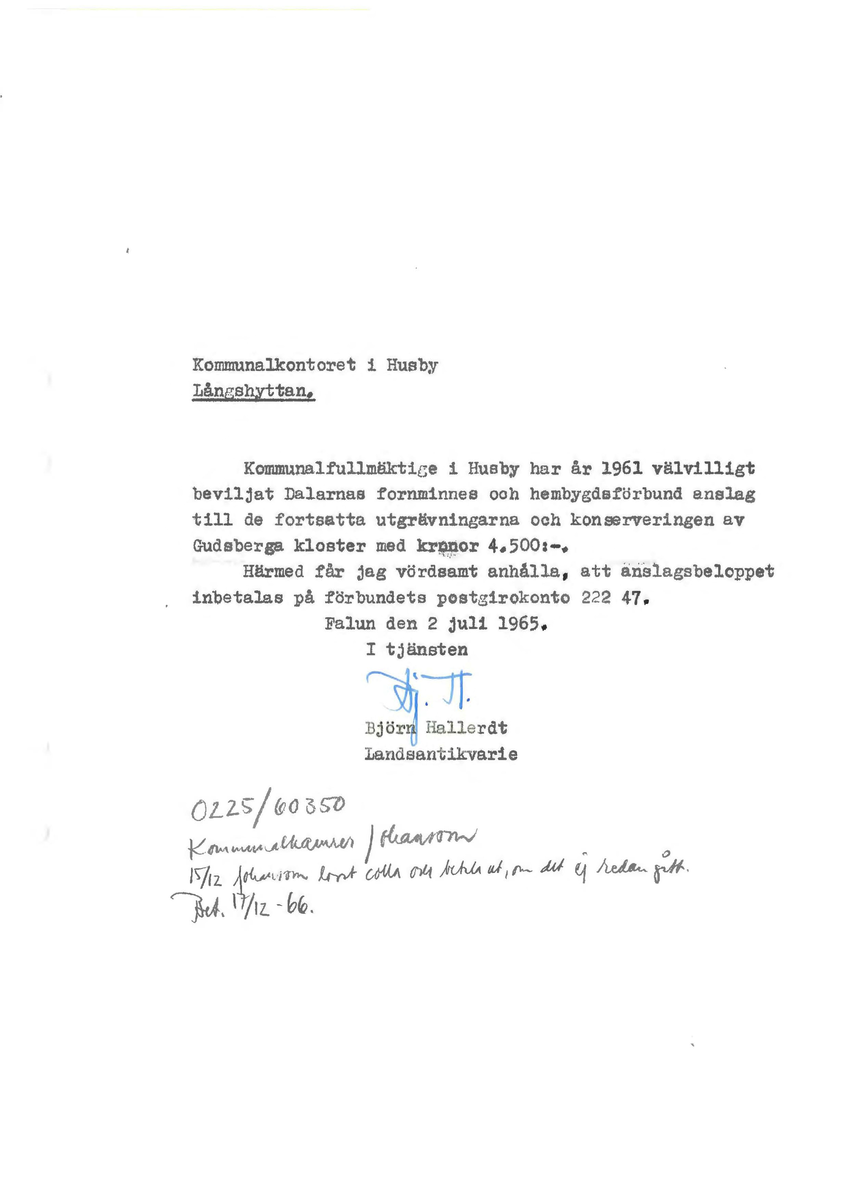 Korrespondens åren 1955-67 i samband med restaureringen av Gudsbergs kloster.

Adressater bl.a: Korsnäs Aktiebolag, RAÄ, Kommunalnämnden i Husby, Kersti Jobs, Disponent Olof Sundell Stjärnsund, Fagersta Bruks AB, Åke Hyenstrand.