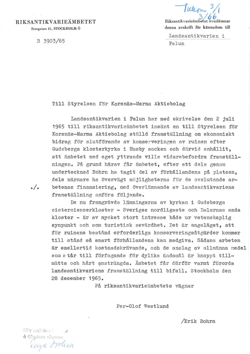 Korrespondens åren 1955-67 i samband med restaureringen av Gudsbergs kloster.

Adressater bl.a: Korsnäs Aktiebolag, RAÄ, Kommunalnämnden i Husby, Kersti Jobs, Disponent Olof Sundell Stjärnsund, Fagersta Bruks AB, Åke Hyenstrand.
