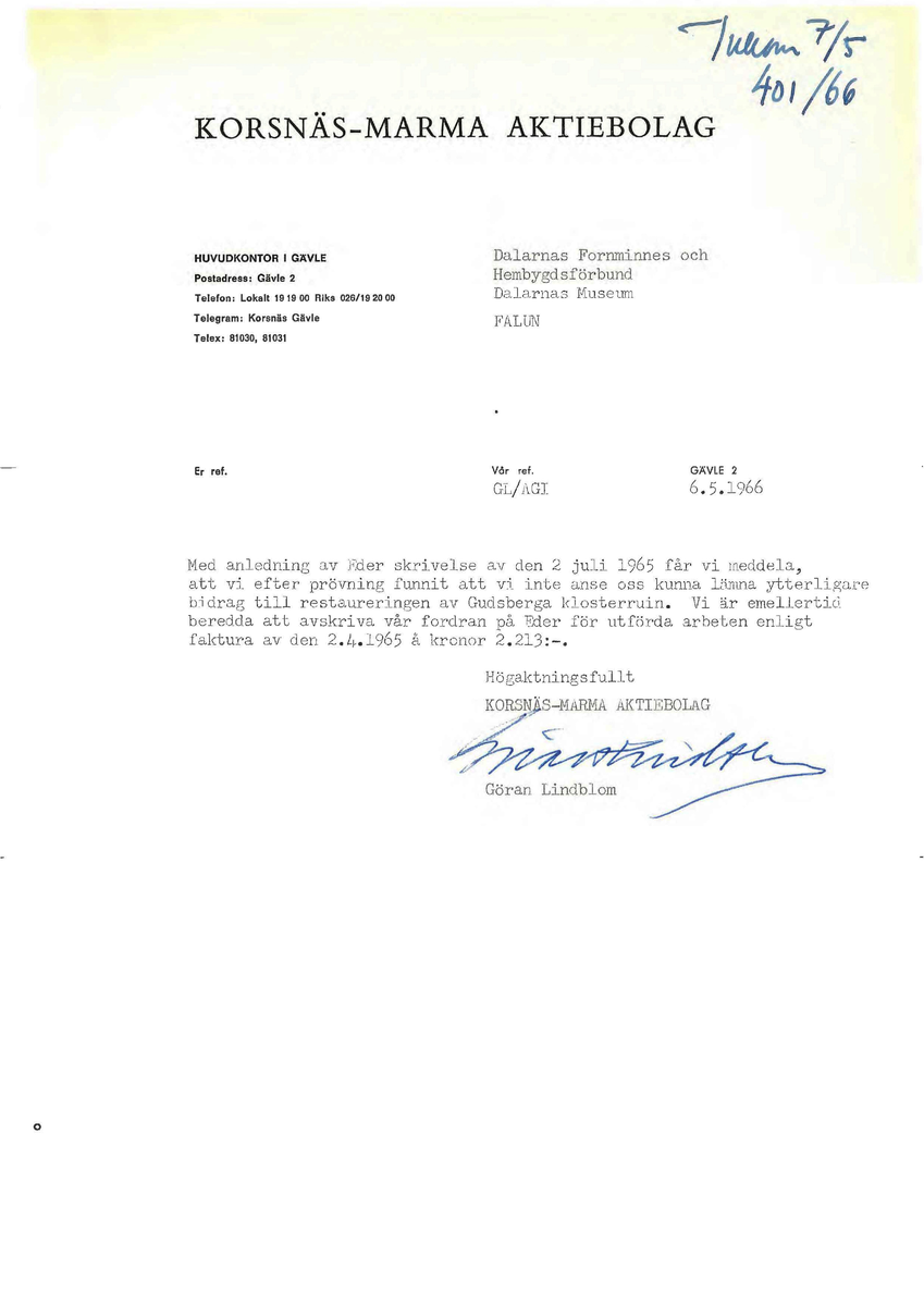 Korrespondens åren 1955-67 i samband med restaureringen av Gudsbergs kloster.

Adressater bl.a: Korsnäs Aktiebolag, RAÄ, Kommunalnämnden i Husby, Kersti Jobs, Disponent Olof Sundell Stjärnsund, Fagersta Bruks AB, Åke Hyenstrand.