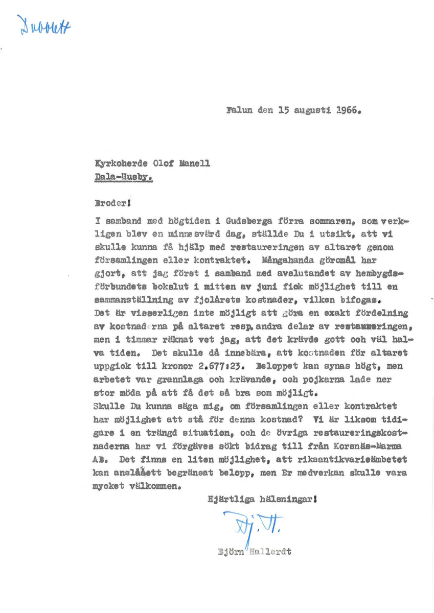 Korrespondens åren 1955-67 i samband med restaureringen av Gudsbergs kloster.

Adressater bl.a: Korsnäs Aktiebolag, RAÄ, Kommunalnämnden i Husby, Kersti Jobs, Disponent Olof Sundell Stjärnsund, Fagersta Bruks AB, Åke Hyenstrand.