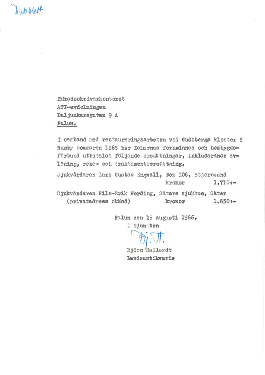 Korrespondens åren 1955-67 i samband med restaureringen av Gudsbergs kloster.

Adressater bl.a: Korsnäs Aktiebolag, RAÄ, Kommunalnämnden i Husby, Kersti Jobs, Disponent Olof Sundell Stjärnsund, Fagersta Bruks AB, Åke Hyenstrand.