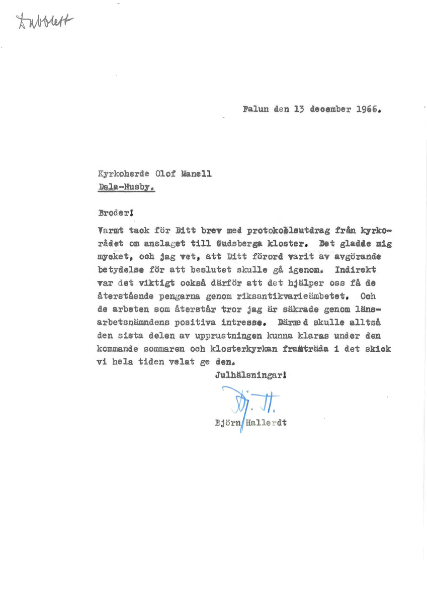 Korrespondens åren 1955-67 i samband med restaureringen av Gudsbergs kloster.

Adressater bl.a: Korsnäs Aktiebolag, RAÄ, Kommunalnämnden i Husby, Kersti Jobs, Disponent Olof Sundell Stjärnsund, Fagersta Bruks AB, Åke Hyenstrand.