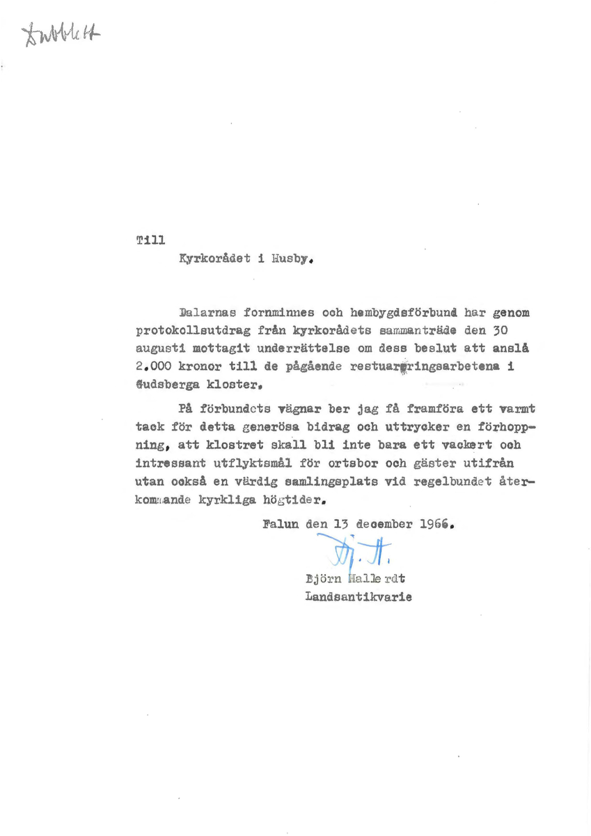 Korrespondens åren 1955-67 i samband med restaureringen av Gudsbergs kloster.

Adressater bl.a: Korsnäs Aktiebolag, RAÄ, Kommunalnämnden i Husby, Kersti Jobs, Disponent Olof Sundell Stjärnsund, Fagersta Bruks AB, Åke Hyenstrand.