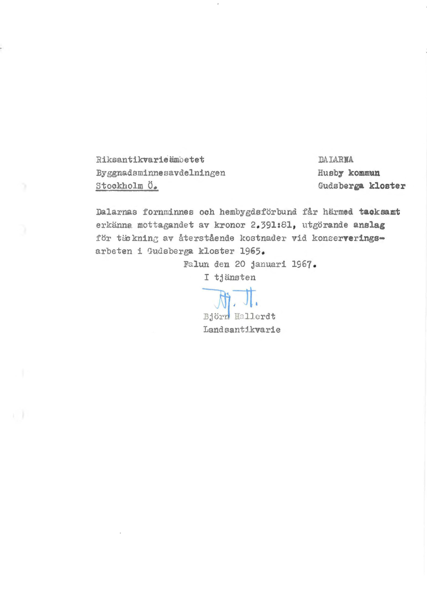 Korrespondens åren 1955-67 i samband med restaureringen av Gudsbergs kloster.

Adressater bl.a: Korsnäs Aktiebolag, RAÄ, Kommunalnämnden i Husby, Kersti Jobs, Disponent Olof Sundell Stjärnsund, Fagersta Bruks AB, Åke Hyenstrand.