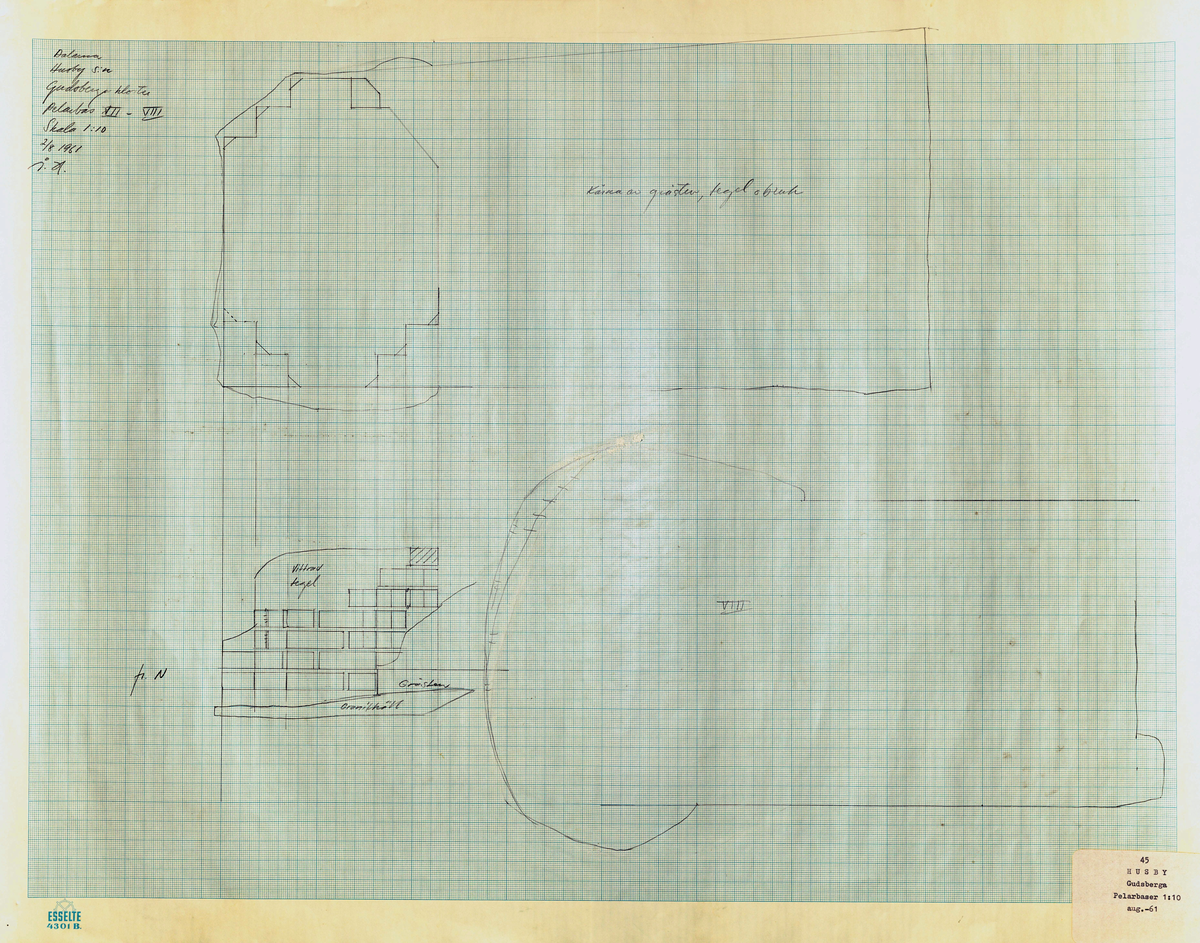 Karta, planritningar, m.m. över Gudsberga kloster i Husby socken. Av Åke Hyenstrand, Kersti Jobs, Per Henrik Rosenström och Björn Hallerdt, uppmätt 1959-61.