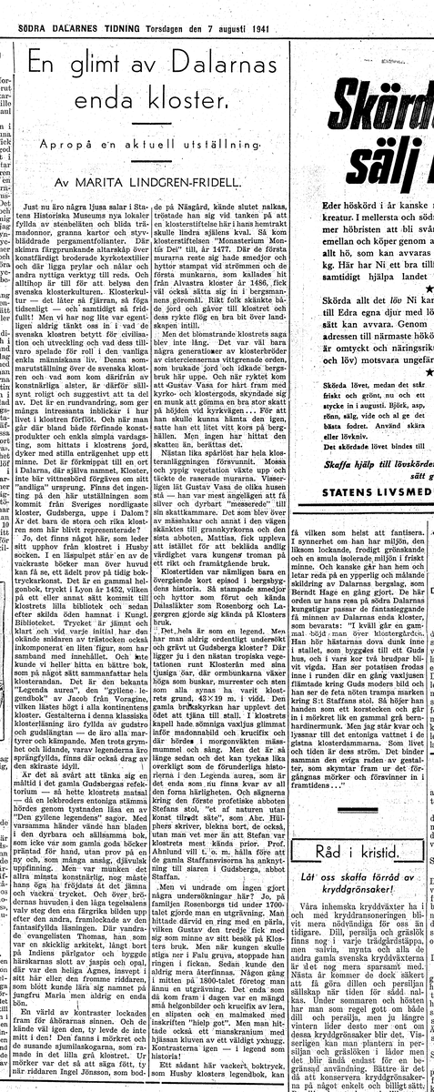 Tidningsartiklar från åren ca 1941-1963 gällande Gudsberga kloster.