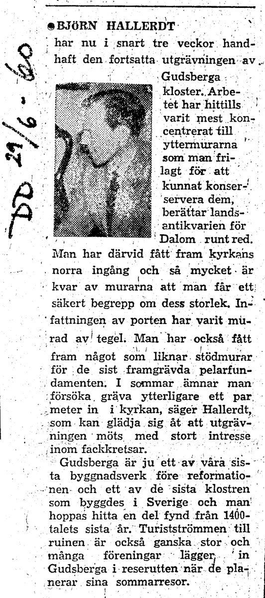 Tidningsartiklar från åren ca 1941-1963 gällande Gudsberga kloster.