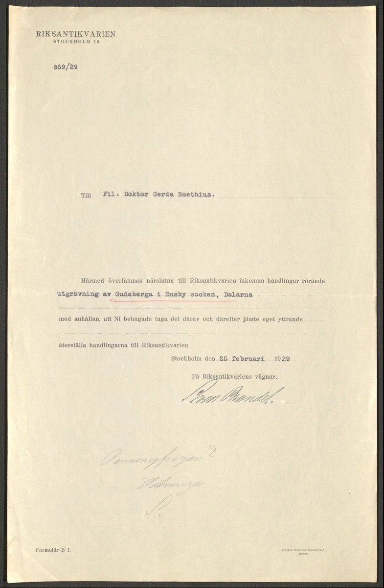 Korrespondens 1929-1973 ang undersökning vid Gudsberga kloster. Om bl.a. anslag, fynd, arbetskraft, m.m. 

Materialet är kopia ifrån Riksantikvarieämbetets antikvariskt topografiska arkiv.
