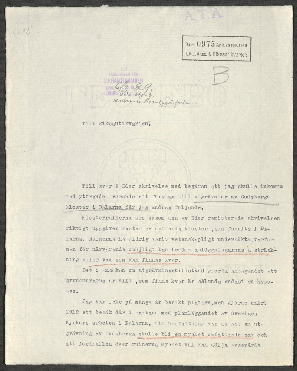 Korrespondens 1929-1973 ang undersökning vid Gudsberga kloster. Om bl.a. anslag, fynd, arbetskraft, m.m. 

Materialet är kopia ifrån Riksantikvarieämbetets antikvariskt topografiska arkiv.