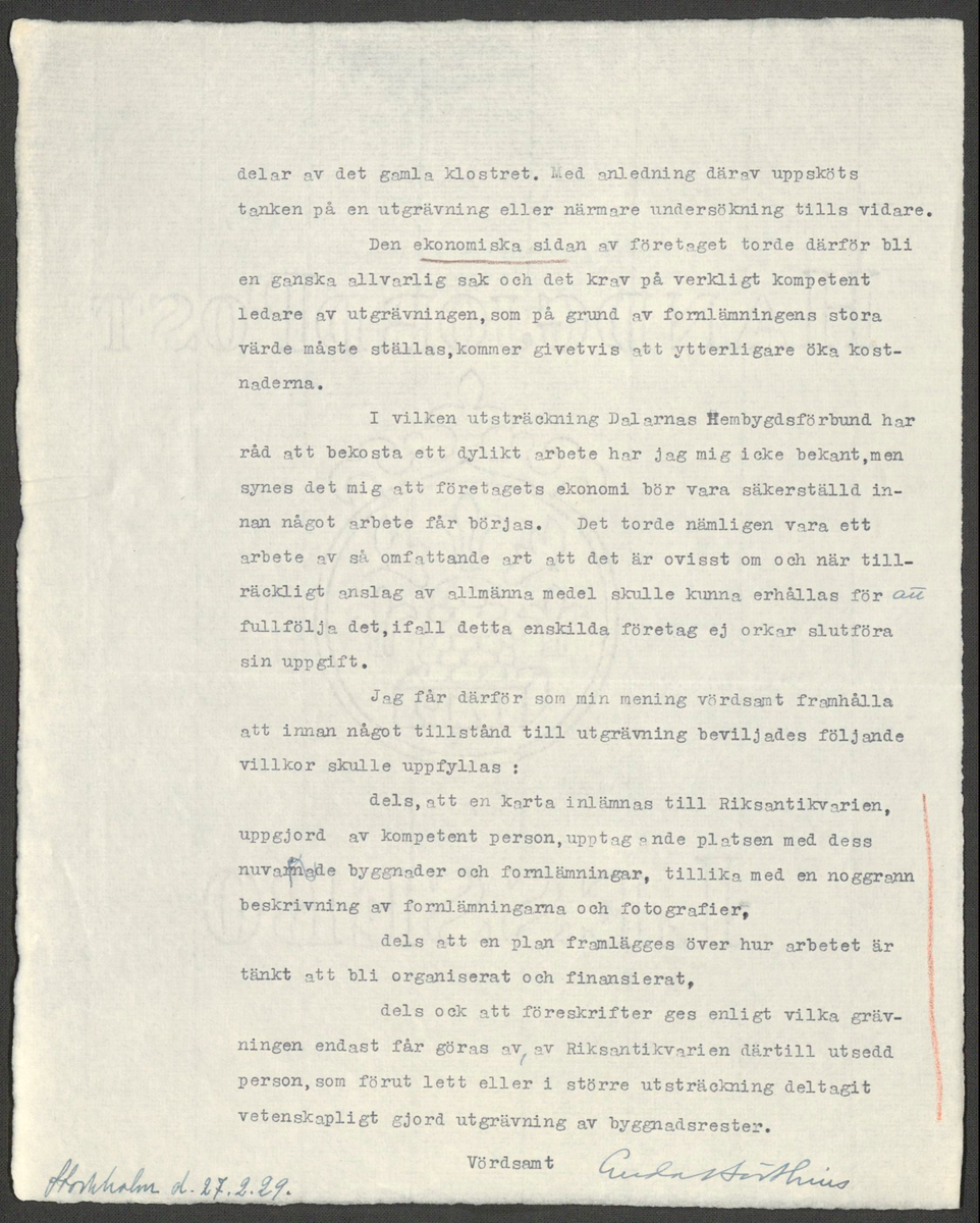 Korrespondens 1929-1973 ang undersökning vid Gudsberga kloster. Om bl.a. anslag, fynd, arbetskraft, m.m. 

Materialet är kopia ifrån Riksantikvarieämbetets antikvariskt topografiska arkiv.