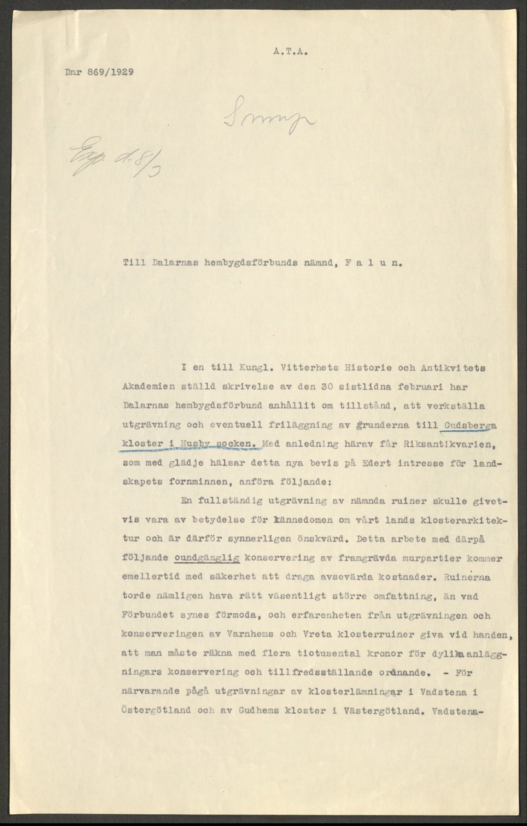Korrespondens 1929-1973 ang undersökning vid Gudsberga kloster. Om bl.a. anslag, fynd, arbetskraft, m.m. 

Materialet är kopia ifrån Riksantikvarieämbetets antikvariskt topografiska arkiv.