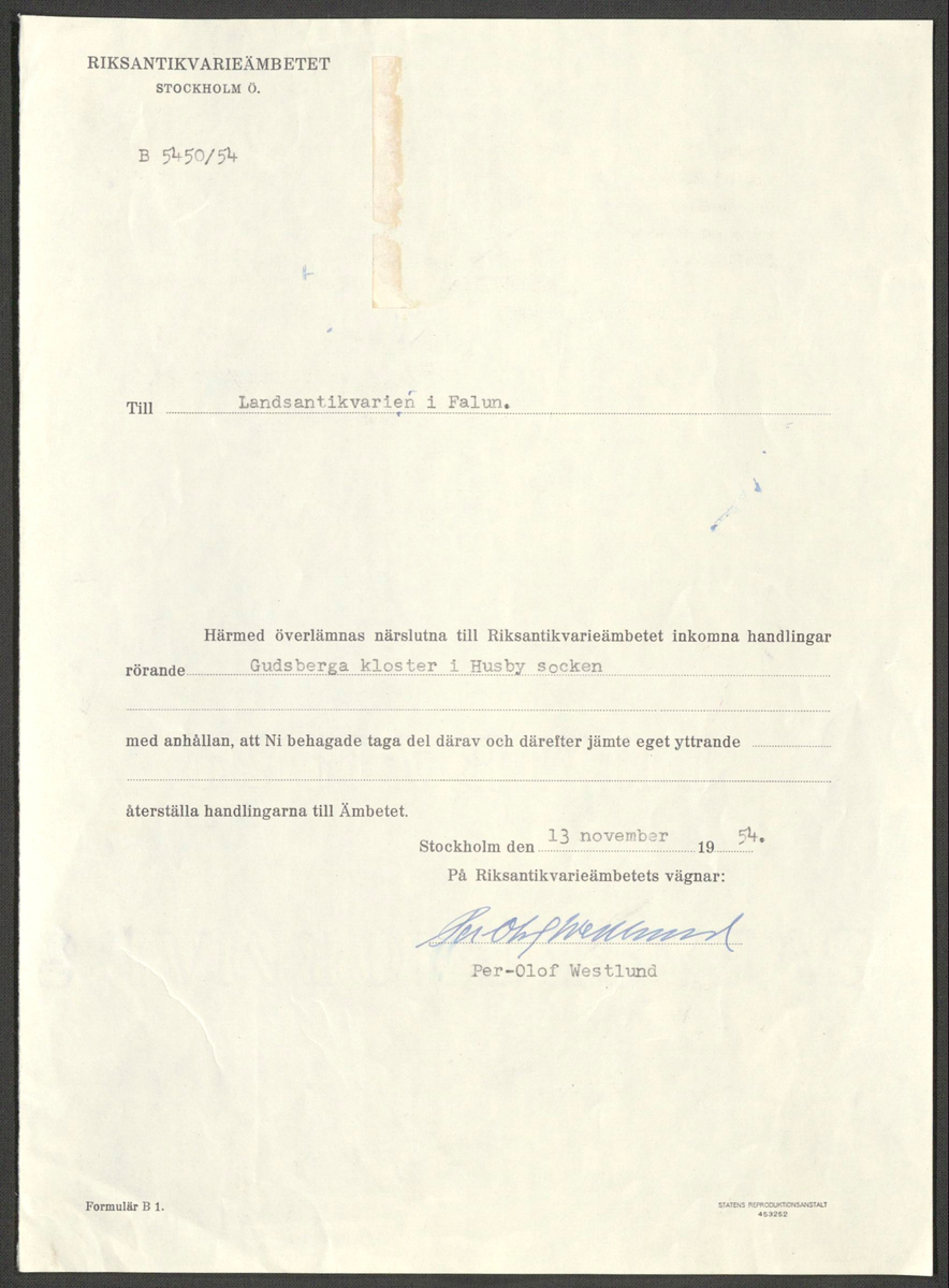 Korrespondens 1929-1973 ang undersökning vid Gudsberga kloster. Om bl.a. anslag, fynd, arbetskraft, m.m. 

Materialet är kopia ifrån Riksantikvarieämbetets antikvariskt topografiska arkiv.