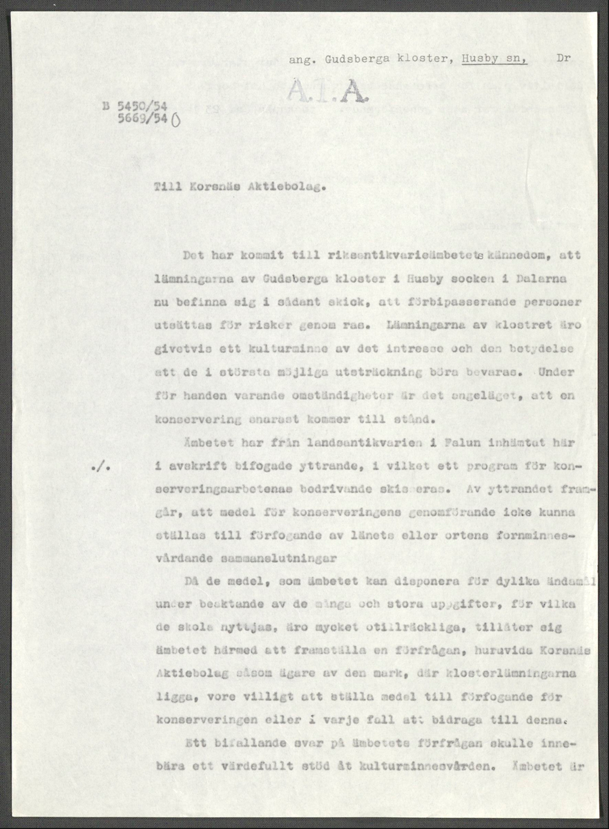 Korrespondens 1929-1973 ang undersökning vid Gudsberga kloster. Om bl.a. anslag, fynd, arbetskraft, m.m. 

Materialet är kopia ifrån Riksantikvarieämbetets antikvariskt topografiska arkiv.