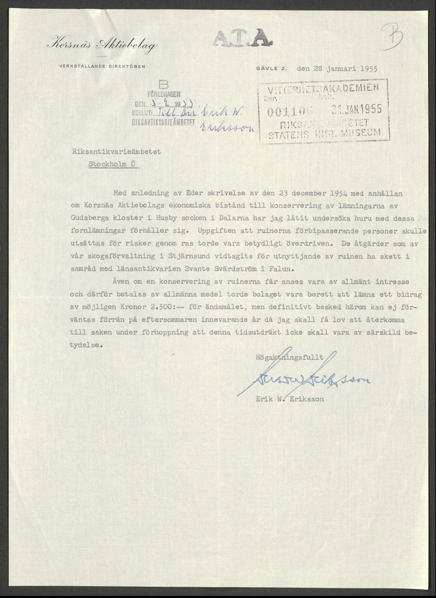 Korrespondens 1929-1973 ang undersökning vid Gudsberga kloster. Om bl.a. anslag, fynd, arbetskraft, m.m. 

Materialet är kopia ifrån Riksantikvarieämbetets antikvariskt topografiska arkiv.
