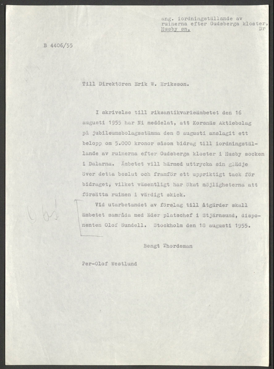 Korrespondens 1929-1973 ang undersökning vid Gudsberga kloster. Om bl.a. anslag, fynd, arbetskraft, m.m. 

Materialet är kopia ifrån Riksantikvarieämbetets antikvariskt topografiska arkiv.