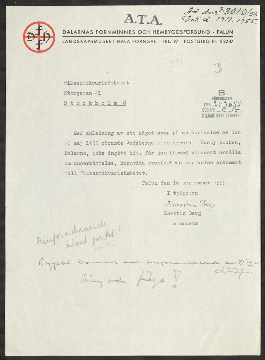 Korrespondens 1929-1973 ang undersökning vid Gudsberga kloster. Om bl.a. anslag, fynd, arbetskraft, m.m. 

Materialet är kopia ifrån Riksantikvarieämbetets antikvariskt topografiska arkiv.