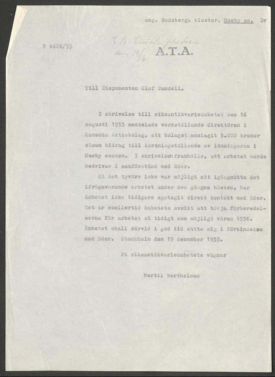 Korrespondens 1929-1973 ang undersökning vid Gudsberga kloster. Om bl.a. anslag, fynd, arbetskraft, m.m. 

Materialet är kopia ifrån Riksantikvarieämbetets antikvariskt topografiska arkiv.