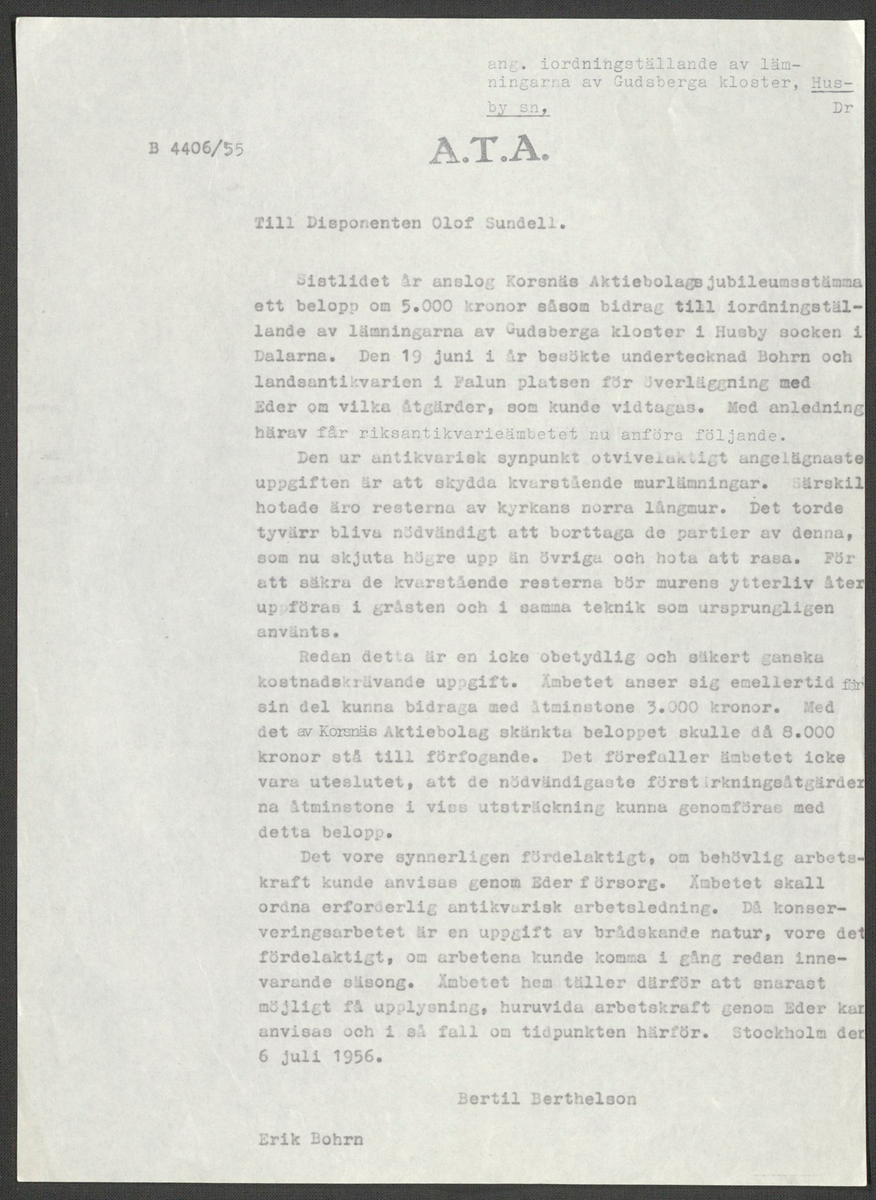 Korrespondens 1929-1973 ang undersökning vid Gudsberga kloster. Om bl.a. anslag, fynd, arbetskraft, m.m. 

Materialet är kopia ifrån Riksantikvarieämbetets antikvariskt topografiska arkiv.