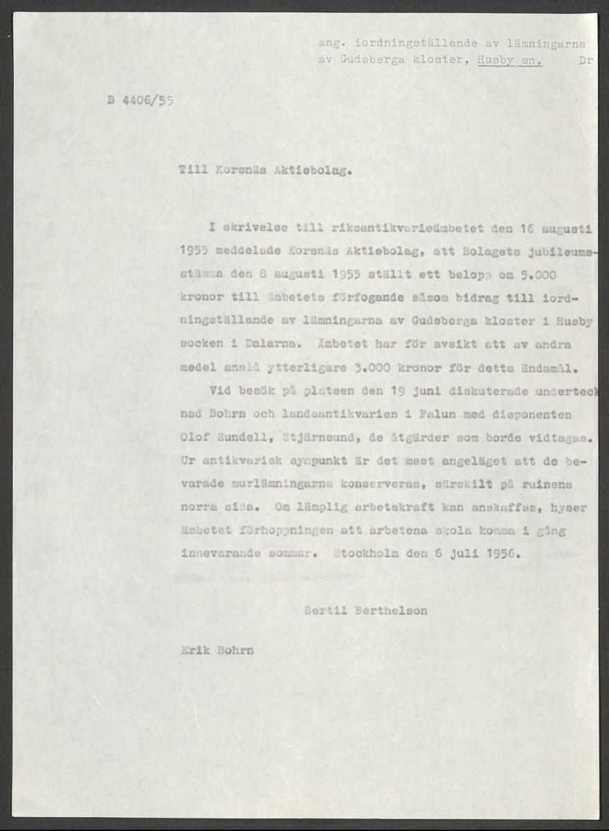 Korrespondens 1929-1973 ang undersökning vid Gudsberga kloster. Om bl.a. anslag, fynd, arbetskraft, m.m. 

Materialet är kopia ifrån Riksantikvarieämbetets antikvariskt topografiska arkiv.