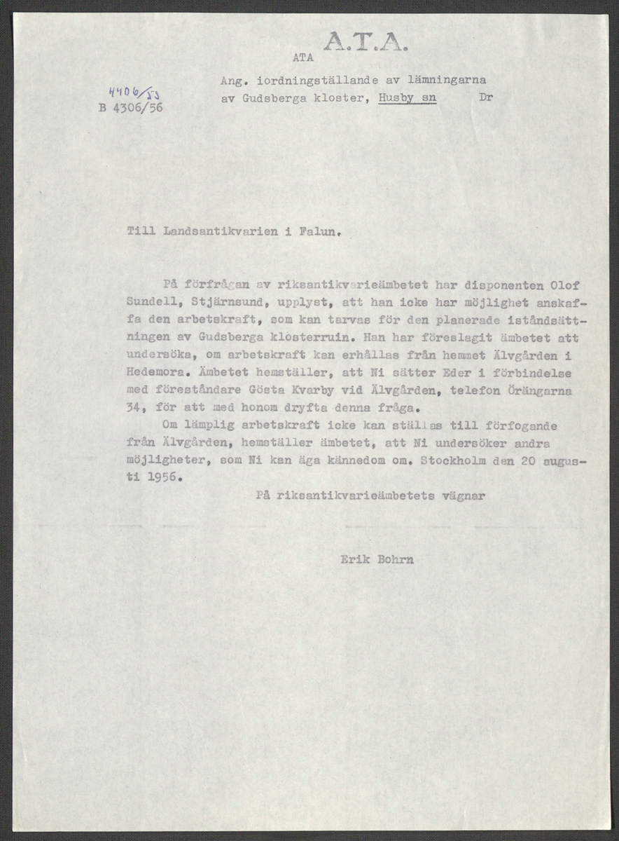 Korrespondens 1929-1973 ang undersökning vid Gudsberga kloster. Om bl.a. anslag, fynd, arbetskraft, m.m. 

Materialet är kopia ifrån Riksantikvarieämbetets antikvariskt topografiska arkiv.