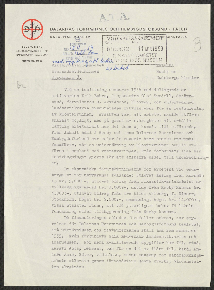Korrespondens 1929-1973 ang undersökning vid Gudsberga kloster. Om bl.a. anslag, fynd, arbetskraft, m.m. 

Materialet är kopia ifrån Riksantikvarieämbetets antikvariskt topografiska arkiv.