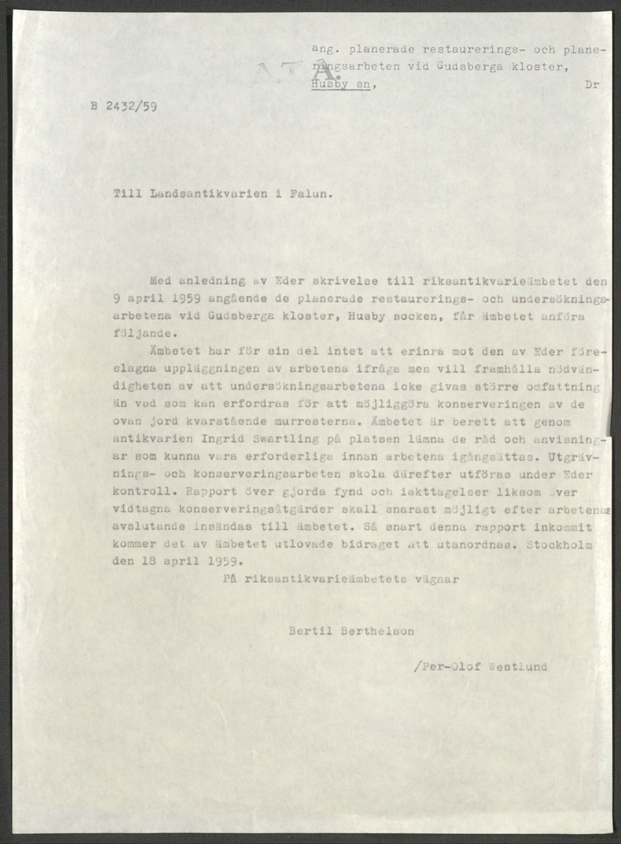 Korrespondens 1929-1973 ang undersökning vid Gudsberga kloster. Om bl.a. anslag, fynd, arbetskraft, m.m. 

Materialet är kopia ifrån Riksantikvarieämbetets antikvariskt topografiska arkiv.