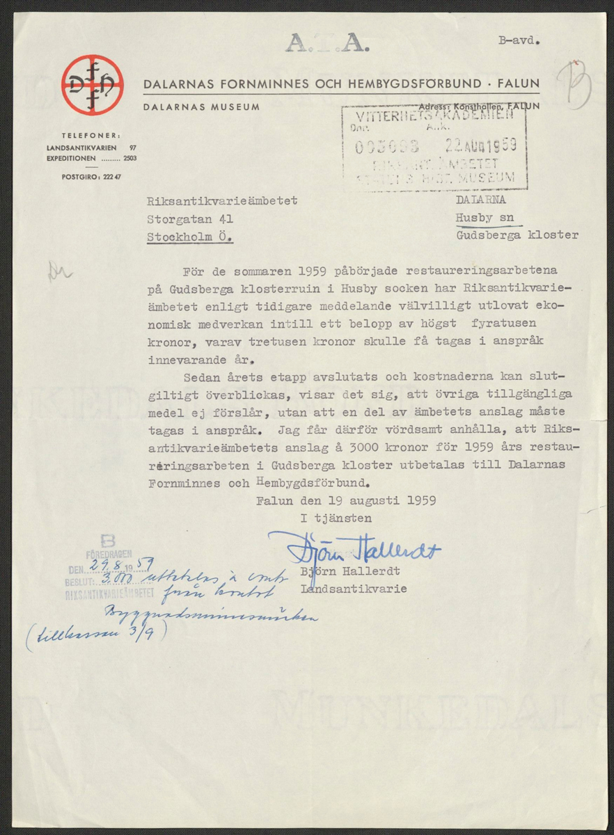 Korrespondens 1929-1973 ang undersökning vid Gudsberga kloster. Om bl.a. anslag, fynd, arbetskraft, m.m. 

Materialet är kopia ifrån Riksantikvarieämbetets antikvariskt topografiska arkiv.
