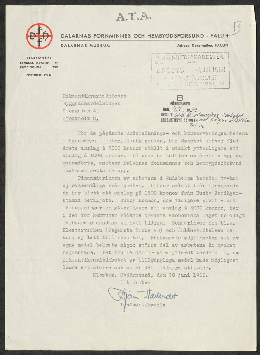 Korrespondens 1929-1973 ang undersökning vid Gudsberga kloster. Om bl.a. anslag, fynd, arbetskraft, m.m. 

Materialet är kopia ifrån Riksantikvarieämbetets antikvariskt topografiska arkiv.