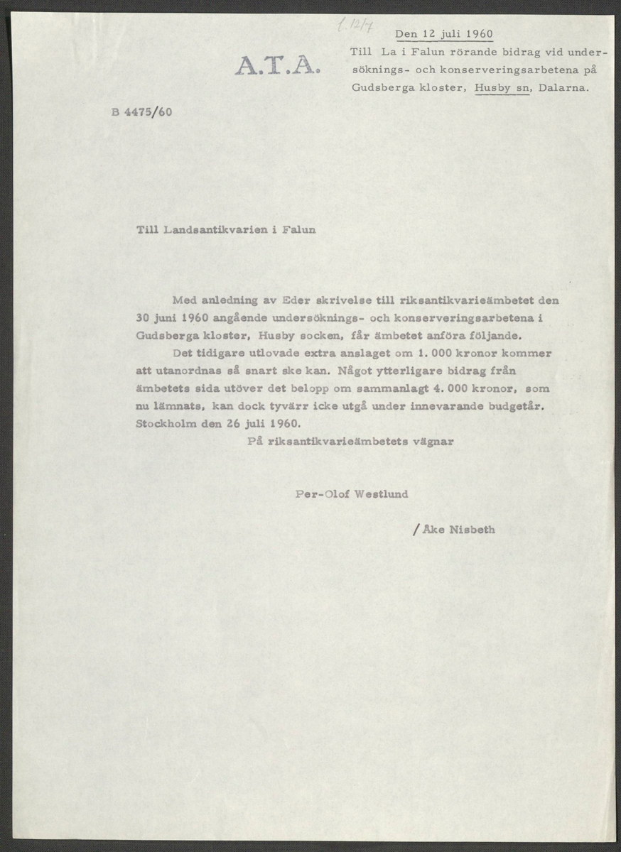 Korrespondens 1929-1973 ang undersökning vid Gudsberga kloster. Om bl.a. anslag, fynd, arbetskraft, m.m. 

Materialet är kopia ifrån Riksantikvarieämbetets antikvariskt topografiska arkiv.