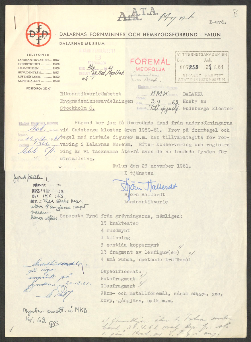 Korrespondens 1929-1973 ang undersökning vid Gudsberga kloster. Om bl.a. anslag, fynd, arbetskraft, m.m. 

Materialet är kopia ifrån Riksantikvarieämbetets antikvariskt topografiska arkiv.