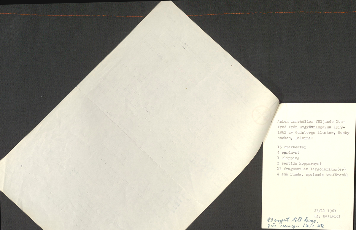 Korrespondens 1929-1973 ang undersökning vid Gudsberga kloster. Om bl.a. anslag, fynd, arbetskraft, m.m. 

Materialet är kopia ifrån Riksantikvarieämbetets antikvariskt topografiska arkiv.
