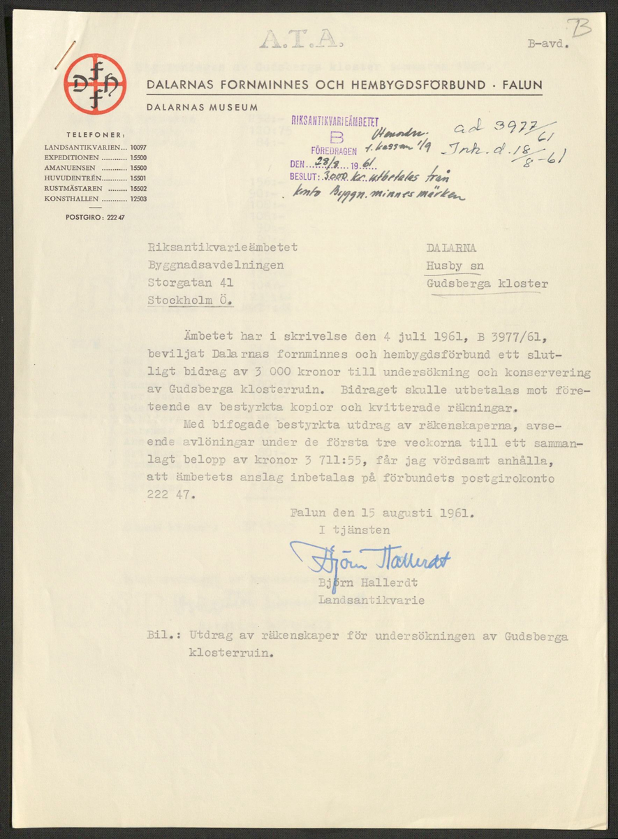 Korrespondens 1929-1973 ang undersökning vid Gudsberga kloster. Om bl.a. anslag, fynd, arbetskraft, m.m. 

Materialet är kopia ifrån Riksantikvarieämbetets antikvariskt topografiska arkiv.