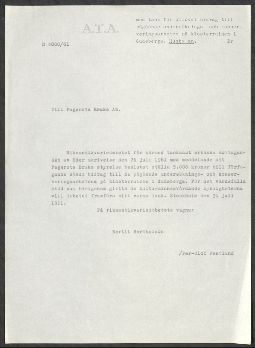 Korrespondens 1929-1973 ang undersökning vid Gudsberga kloster. Om bl.a. anslag, fynd, arbetskraft, m.m. 

Materialet är kopia ifrån Riksantikvarieämbetets antikvariskt topografiska arkiv.
