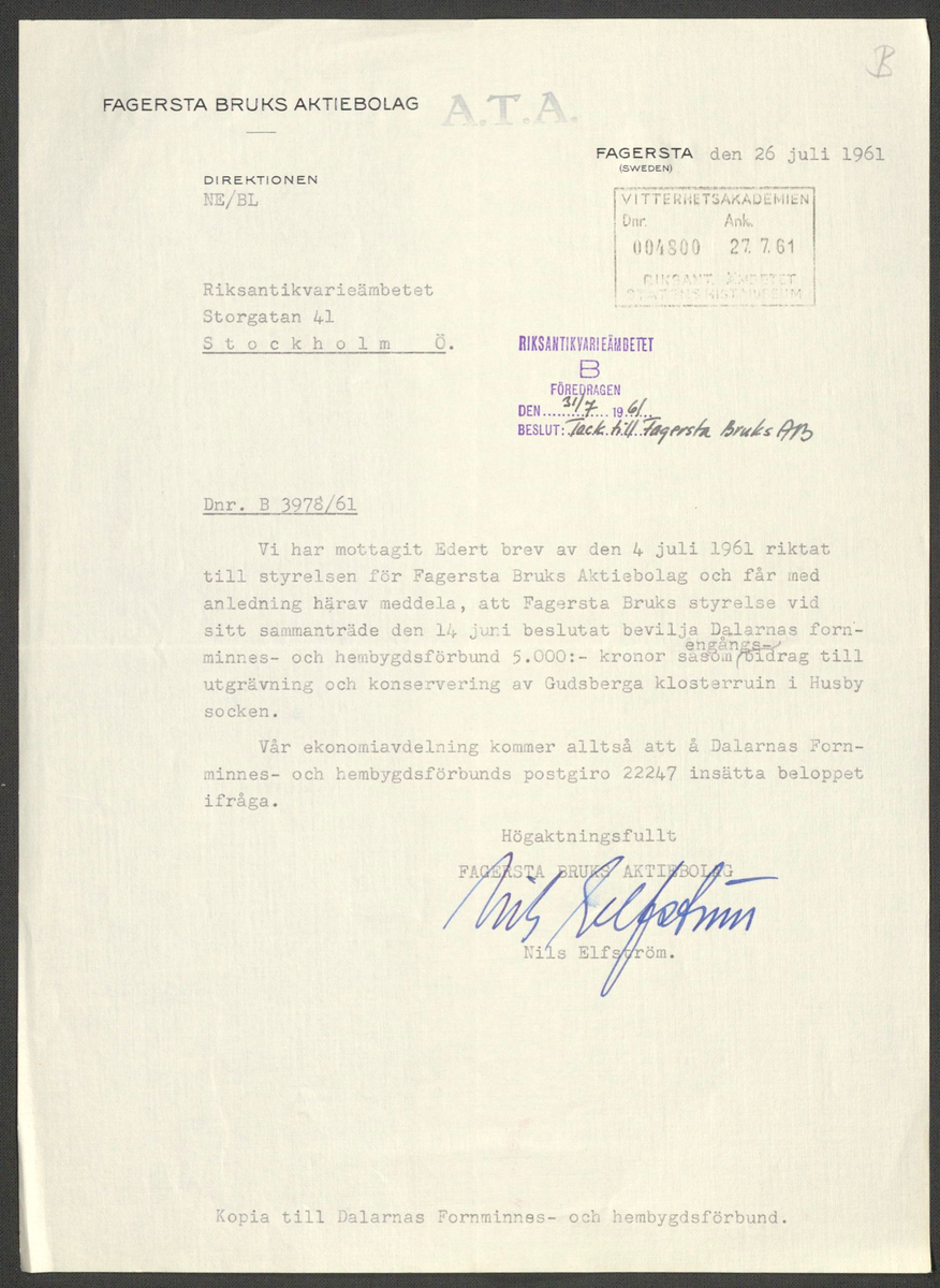 Korrespondens 1929-1973 ang undersökning vid Gudsberga kloster. Om bl.a. anslag, fynd, arbetskraft, m.m. 

Materialet är kopia ifrån Riksantikvarieämbetets antikvariskt topografiska arkiv.