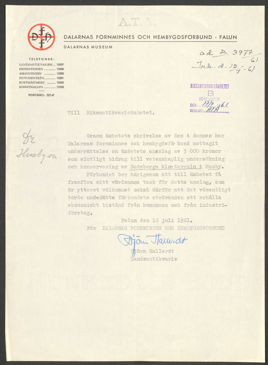 Korrespondens 1929-1973 ang undersökning vid Gudsberga kloster. Om bl.a. anslag, fynd, arbetskraft, m.m. 

Materialet är kopia ifrån Riksantikvarieämbetets antikvariskt topografiska arkiv.