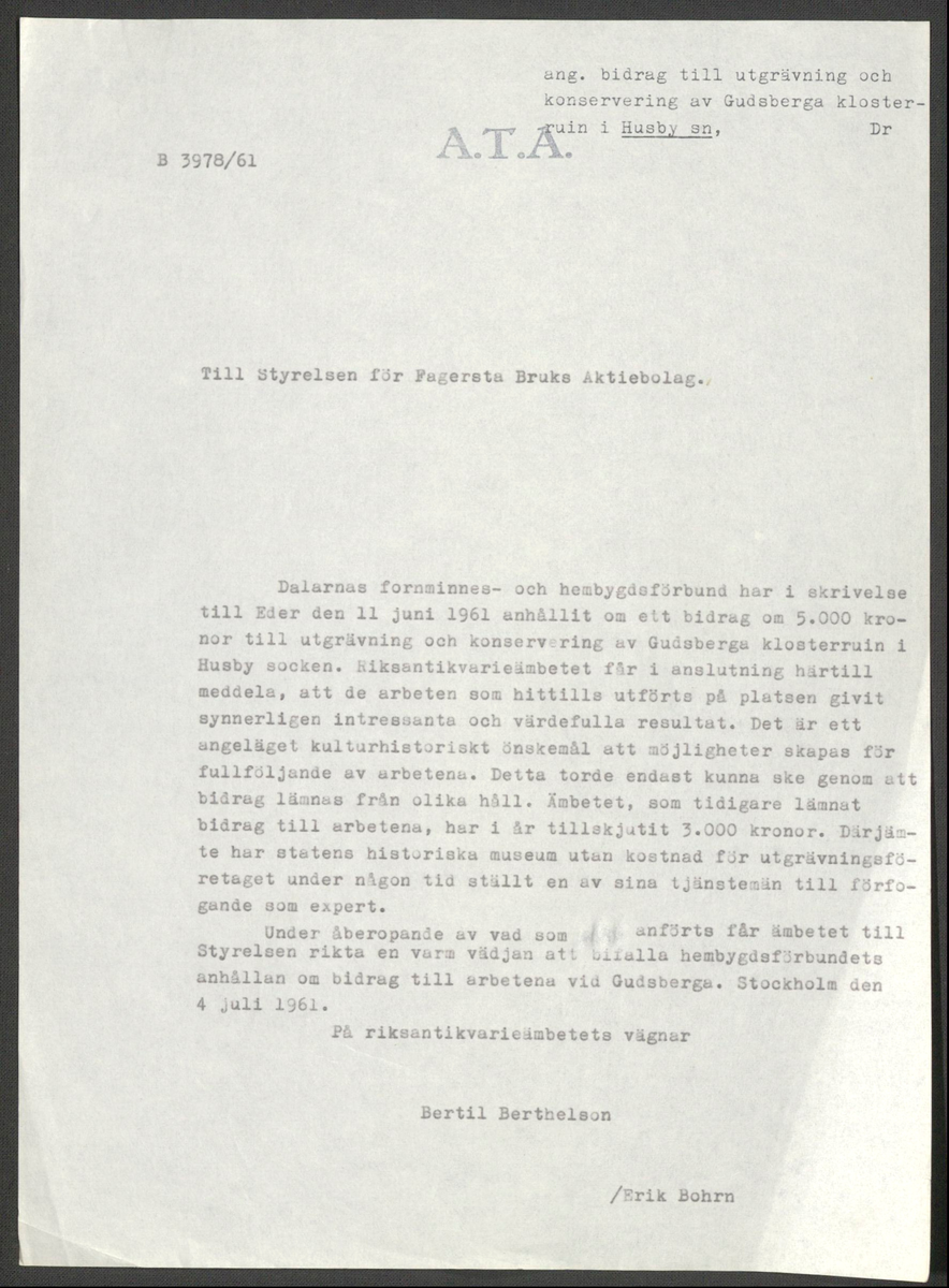Korrespondens 1929-1973 ang undersökning vid Gudsberga kloster. Om bl.a. anslag, fynd, arbetskraft, m.m. 

Materialet är kopia ifrån Riksantikvarieämbetets antikvariskt topografiska arkiv.