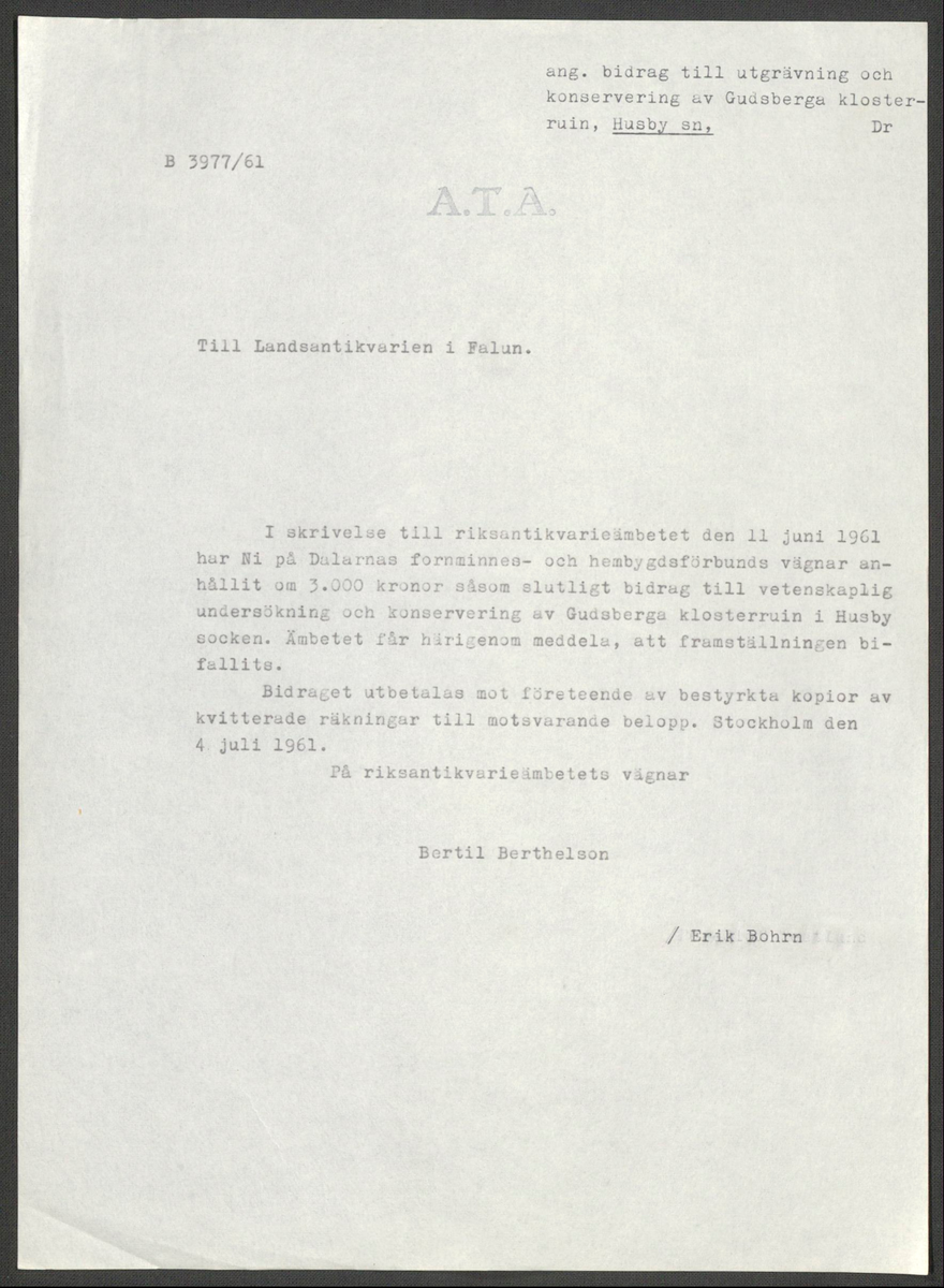 Korrespondens 1929-1973 ang undersökning vid Gudsberga kloster. Om bl.a. anslag, fynd, arbetskraft, m.m. 

Materialet är kopia ifrån Riksantikvarieämbetets antikvariskt topografiska arkiv.