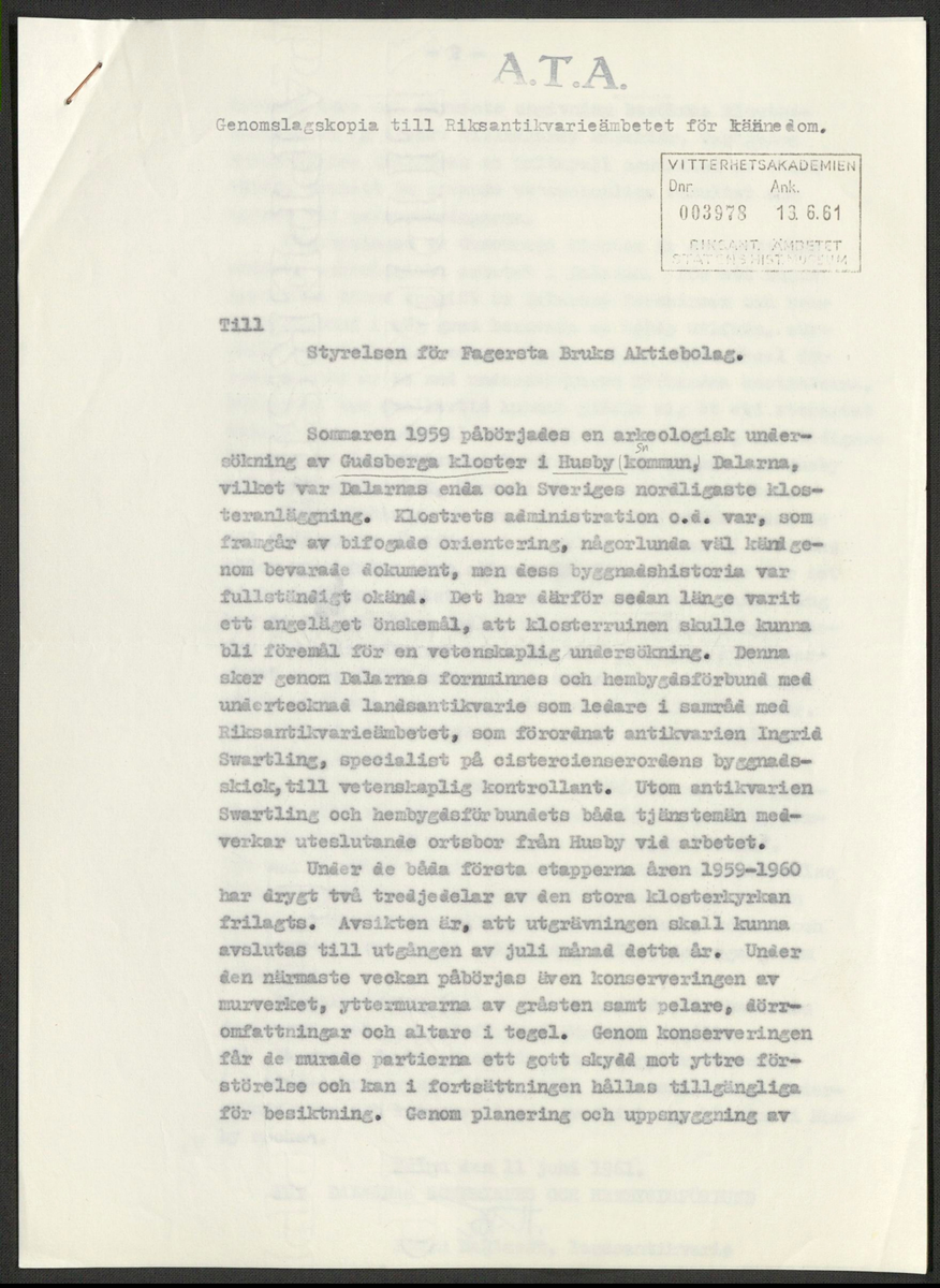 Korrespondens 1929-1973 ang undersökning vid Gudsberga kloster. Om bl.a. anslag, fynd, arbetskraft, m.m. 

Materialet är kopia ifrån Riksantikvarieämbetets antikvariskt topografiska arkiv.