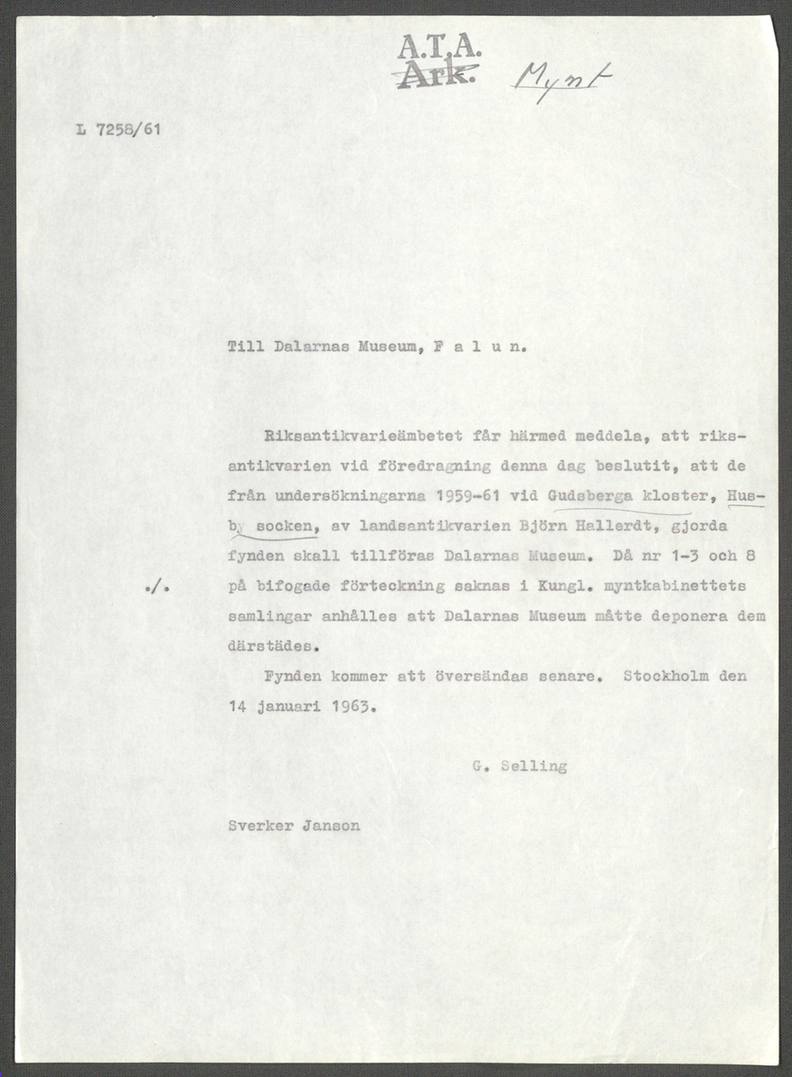Korrespondens 1929-1973 ang undersökning vid Gudsberga kloster. Om bl.a. anslag, fynd, arbetskraft, m.m. 

Materialet är kopia ifrån Riksantikvarieämbetets antikvariskt topografiska arkiv.