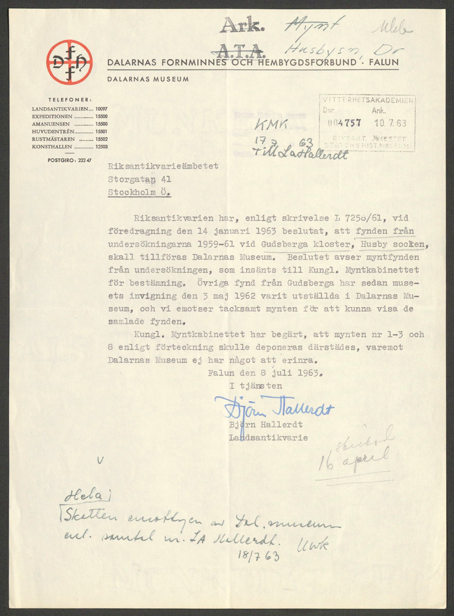 Korrespondens 1929-1973 ang undersökning vid Gudsberga kloster. Om bl.a. anslag, fynd, arbetskraft, m.m. 

Materialet är kopia ifrån Riksantikvarieämbetets antikvariskt topografiska arkiv.