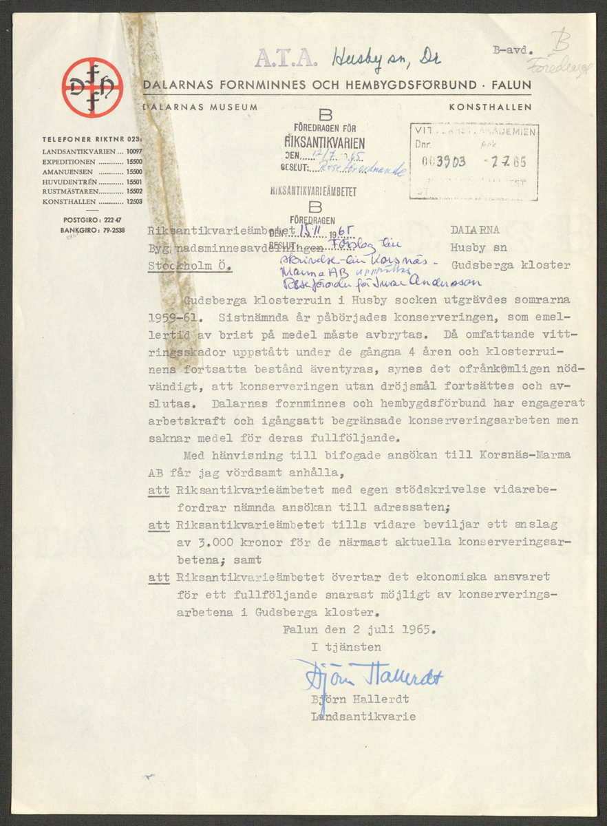 Korrespondens 1929-1973 ang undersökning vid Gudsberga kloster. Om bl.a. anslag, fynd, arbetskraft, m.m. 

Materialet är kopia ifrån Riksantikvarieämbetets antikvariskt topografiska arkiv.