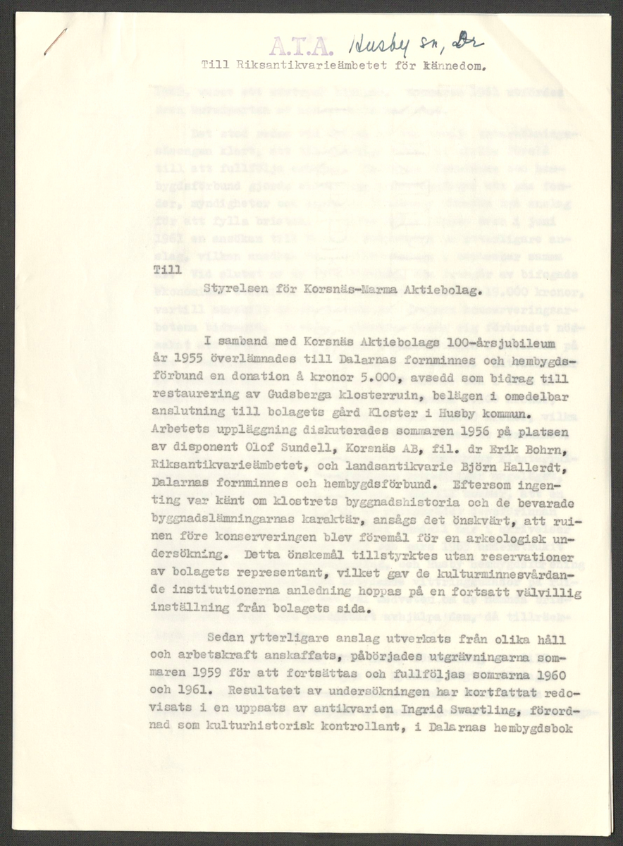 Korrespondens 1929-1973 ang undersökning vid Gudsberga kloster. Om bl.a. anslag, fynd, arbetskraft, m.m. 

Materialet är kopia ifrån Riksantikvarieämbetets antikvariskt topografiska arkiv.